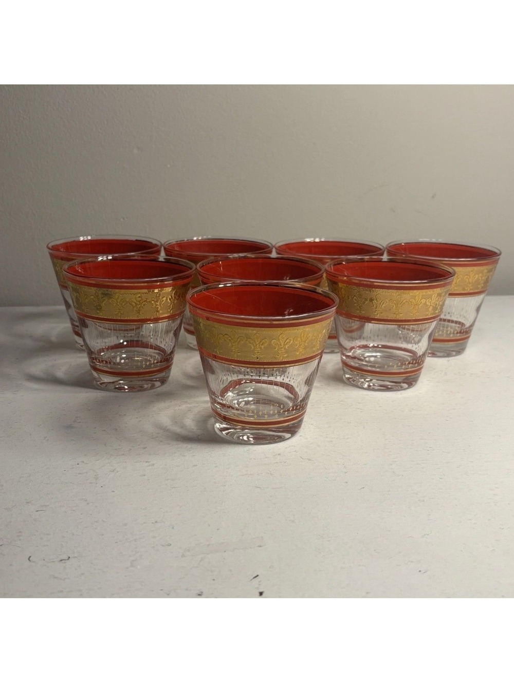 Vintage Culver Ltd 22K Gold Red Fleur de Lis Lowball Glasses set of 8